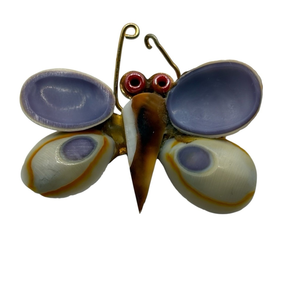 Butterfly Sea Shell Brooch Pin Fun‎ Purple Red Eyes Unique Insect Gold Tone VTG